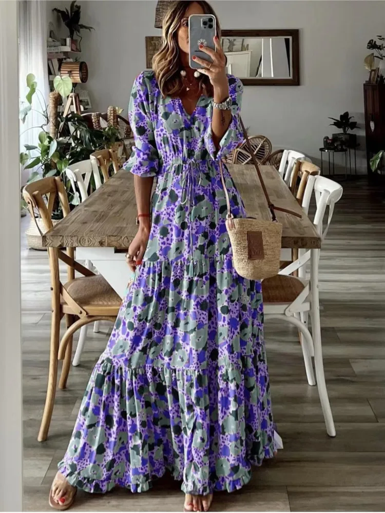 Summer New Women's Clothing Temperament Vacation Sexy V-neck Lace Up Waist Fashion Print Large Swing Long Floor Length Dress - Image 4