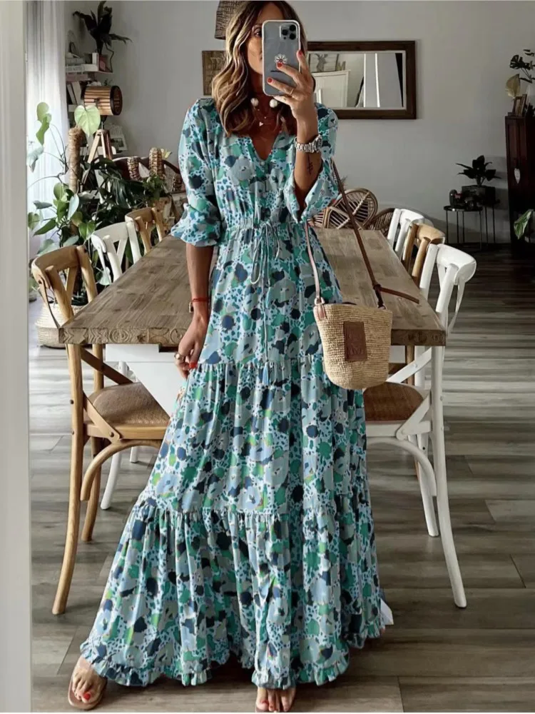 Summer New Women's Clothing Temperament Vacation Sexy V-neck Lace Up Waist Fashion Print Large Swing Long Floor Length Dress - Image 3