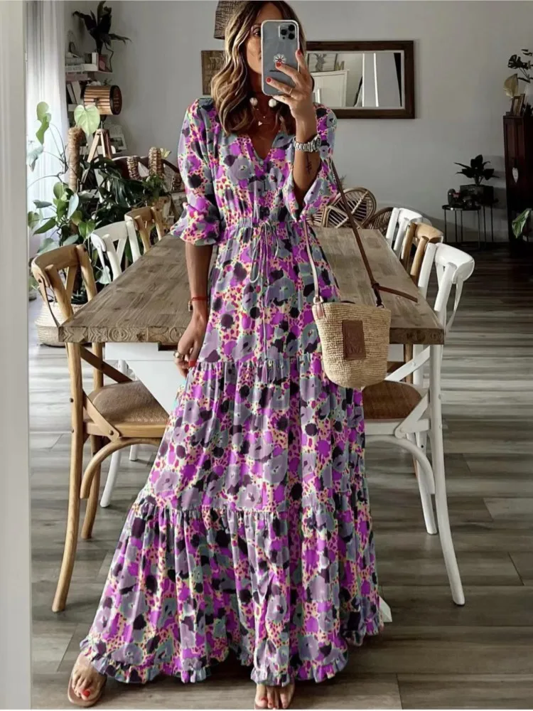 Summer New Women's Clothing Temperament Vacation Sexy V-neck Lace Up Waist Fashion Print Large Swing Long Floor Length Dress - Image 5