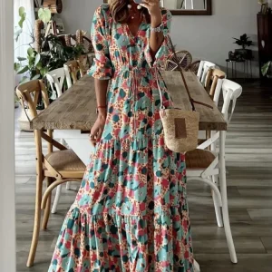 Summer New Women's Clothing Temperament Vacation Sexy V-neck Lace Up Waist Fashion Print Large Swing Long Floor Length Dress