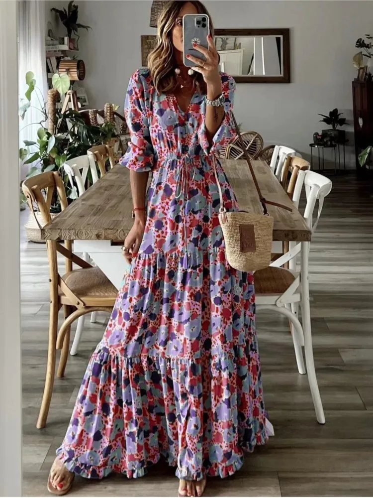 Summer New Women's Clothing Temperament Vacation Sexy V-neck Lace Up Waist Fashion Print Large Swing Long Floor Length Dress - Image 6
