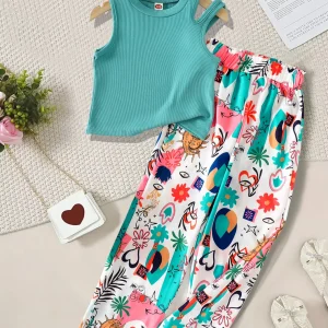 Summer Teenage Girls Clothing Set Off-Shoulder Ribbed Tank Tops and Printed Pants Two-Piece Sets for Kids Girl 6-14 Y