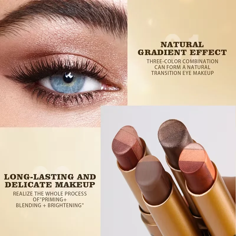 Three-Color Eyeshadow Stick, Shimmering Highlighter Eyeshadow Stick, Waterproof and Long-Lasting Pearlescent Metallic Eyeshadow - Image 5