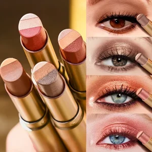 Three-Color Eyeshadow Stick, Shimmering Highlighter Eyeshadow Stick, Waterproof and Long-Lasting Pearlescent Metallic Eyeshadow