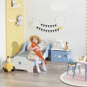 Toddler Bed Frame with Safe Guardrails, Low Junior Bed for Boys and Girls, Kids Bedroom Furniture Fits 140x70cm Mattress, Blue