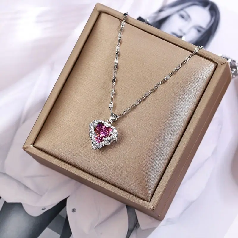 Top Luxury Colorful Crystal Ocean Heart Pendant Necklace For Women Trendy 316L Stainless Steel Jewelry Female Wedding Neck Chain - Image 4