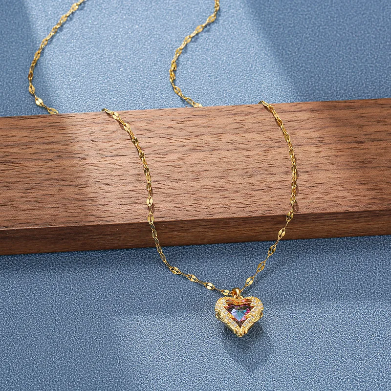 Top Luxury Colorful Crystal Ocean Heart Pendant Necklace For Women Trendy 316L Stainless Steel Jewelry Female Wedding Neck Chain - Image 3