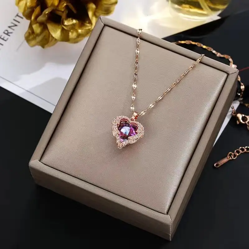 Top Luxury Colorful Crystal Ocean Heart Pendant Necklace For Women Trendy 316L Stainless Steel Jewelry Female Wedding Neck Chain - Image 5