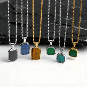 Trendy Pendant Necklaces for Men,Square Natural Stone Stainless Steel Necklaces,Hip Hop Healing Jewelry Gifts for Husband Dad