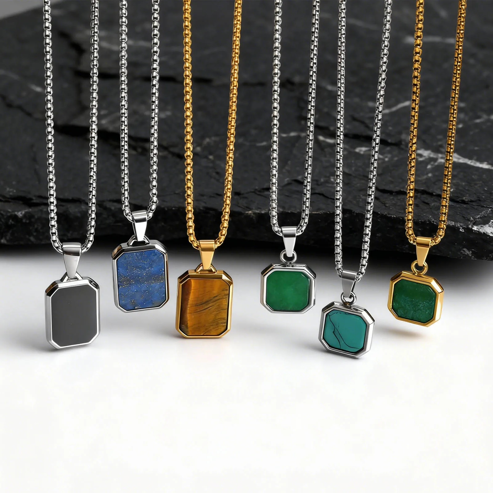 Trendy Pendant Necklaces for Men,Square Natural Stone Stainless Steel Necklaces,Hip Hop Healing Jewelry Gifts for Husband Dad