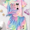 Trendy Tween Girls 2Pcs Tie-Dye K-POP Cute Idol Print T-Shirt & Shorts Set Kids Summer Streetwear Casual All-Match Outfit