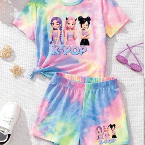 Trendy Tween Girls 2Pcs Tie-Dye K-POP Cute Idol Print T-Shirt & Shorts Set Kids Summer Streetwear Casual All-Match Outfit