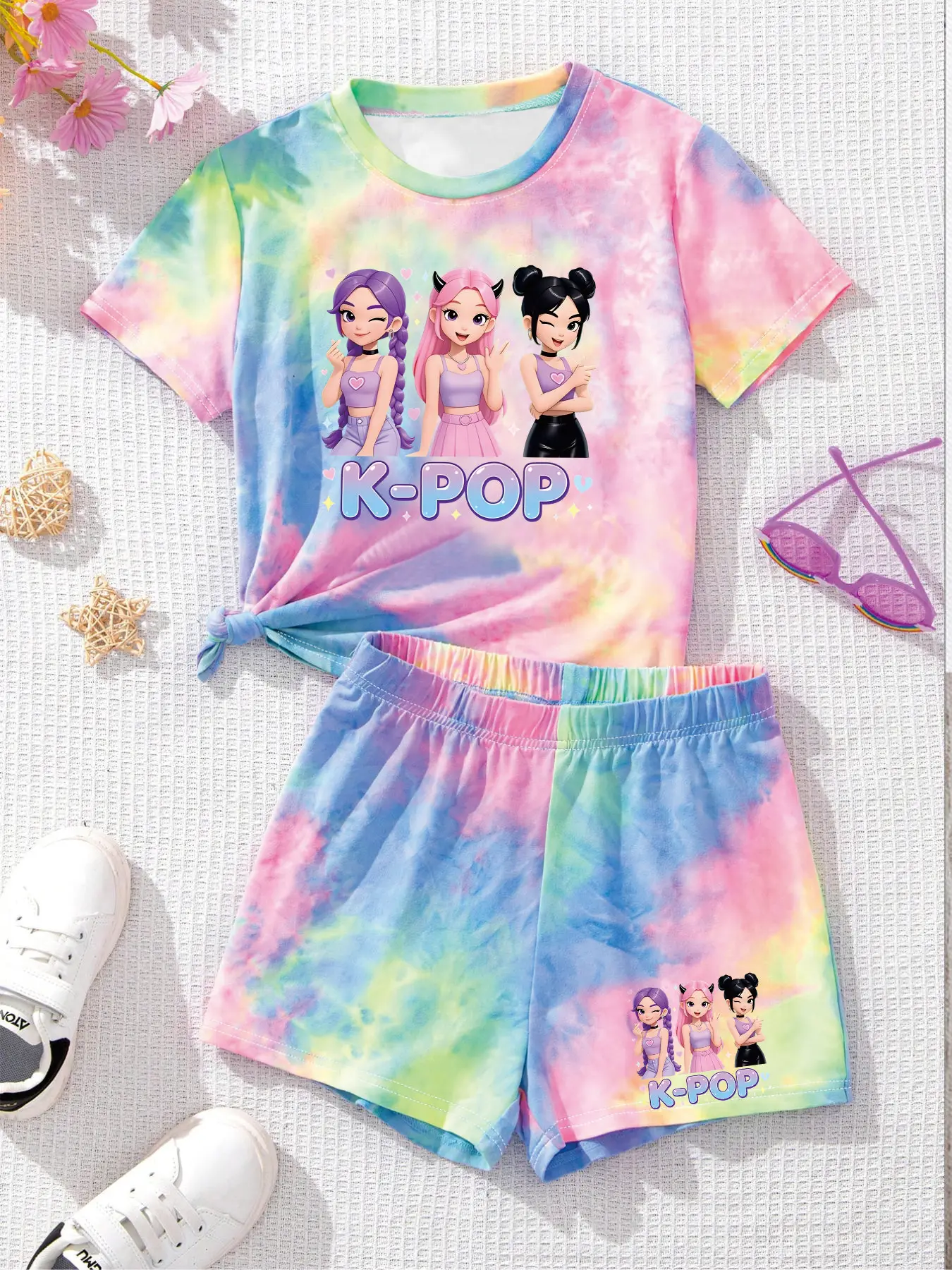 Trendy Tween Girls 2Pcs Tie-Dye K-POP Cute Idol Print T-Shirt & Shorts Set Kids Summer Streetwear Casual All-Match Outfit