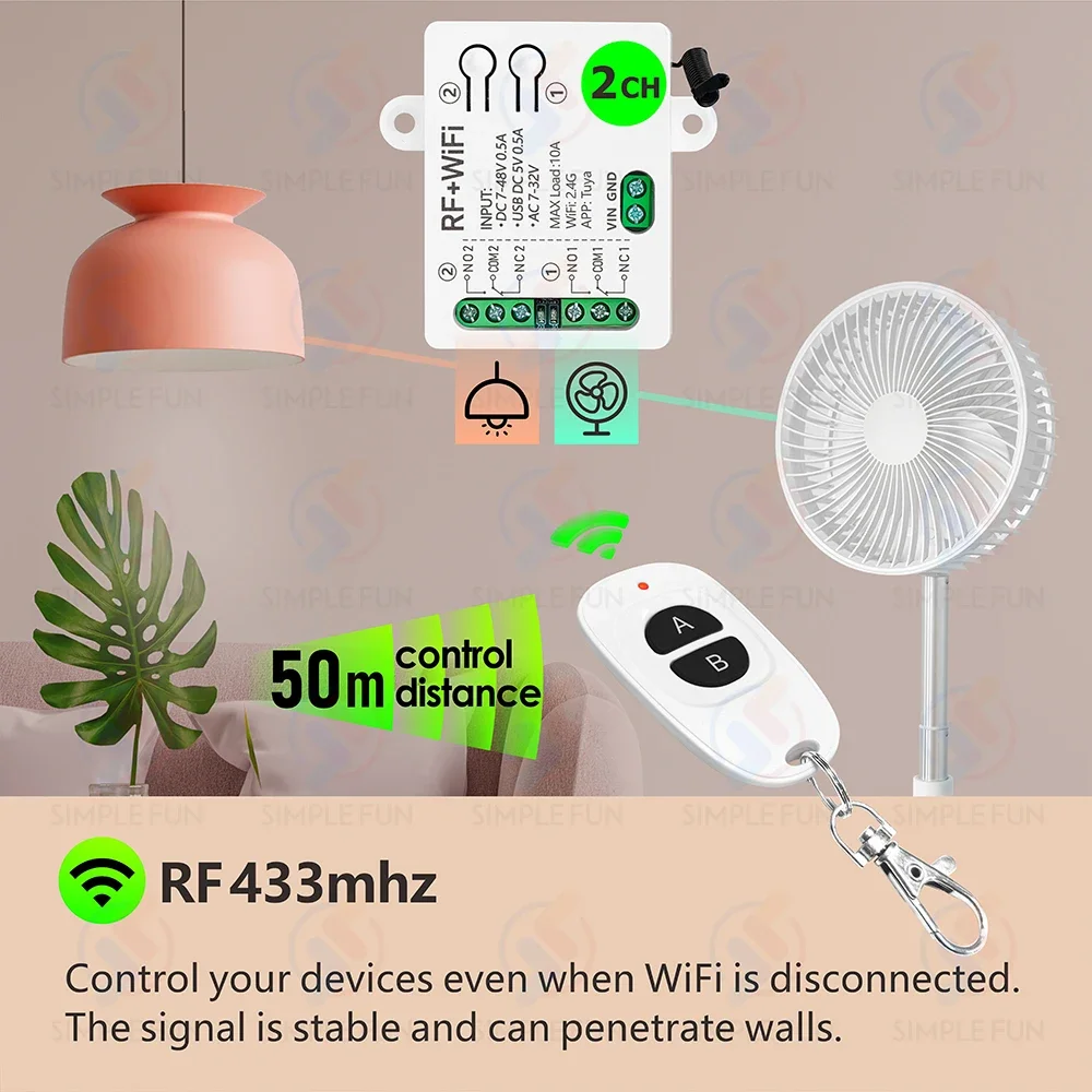 Tuya WiFi RF433Mhz Smart Light Switch 2-CH,DC 5V 12V 24V 48V,1-250V Dry Contact Relay,work with Alexa Google Home,for Lamp/Motor - Image 4