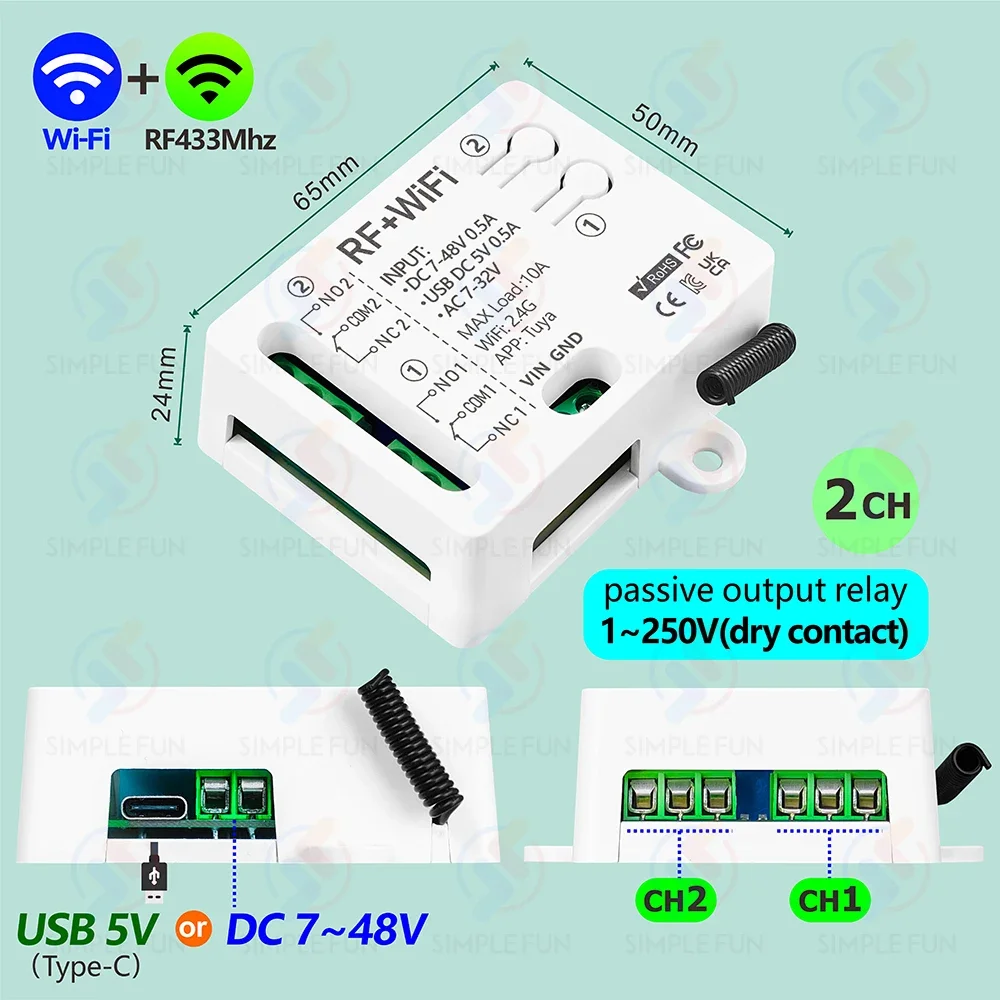 Tuya WiFi RF433Mhz Smart Light Switch 2-CH,DC 5V 12V 24V 48V,1-250V Dry Contact Relay,work with Alexa Google Home,for Lamp/Motor - Image 6