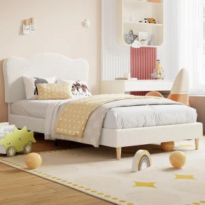 Upholstered Bed Frame With Soft Boucle Fabric Sturdy Slats For Silent Noise-Free Support And Quick Assembly
