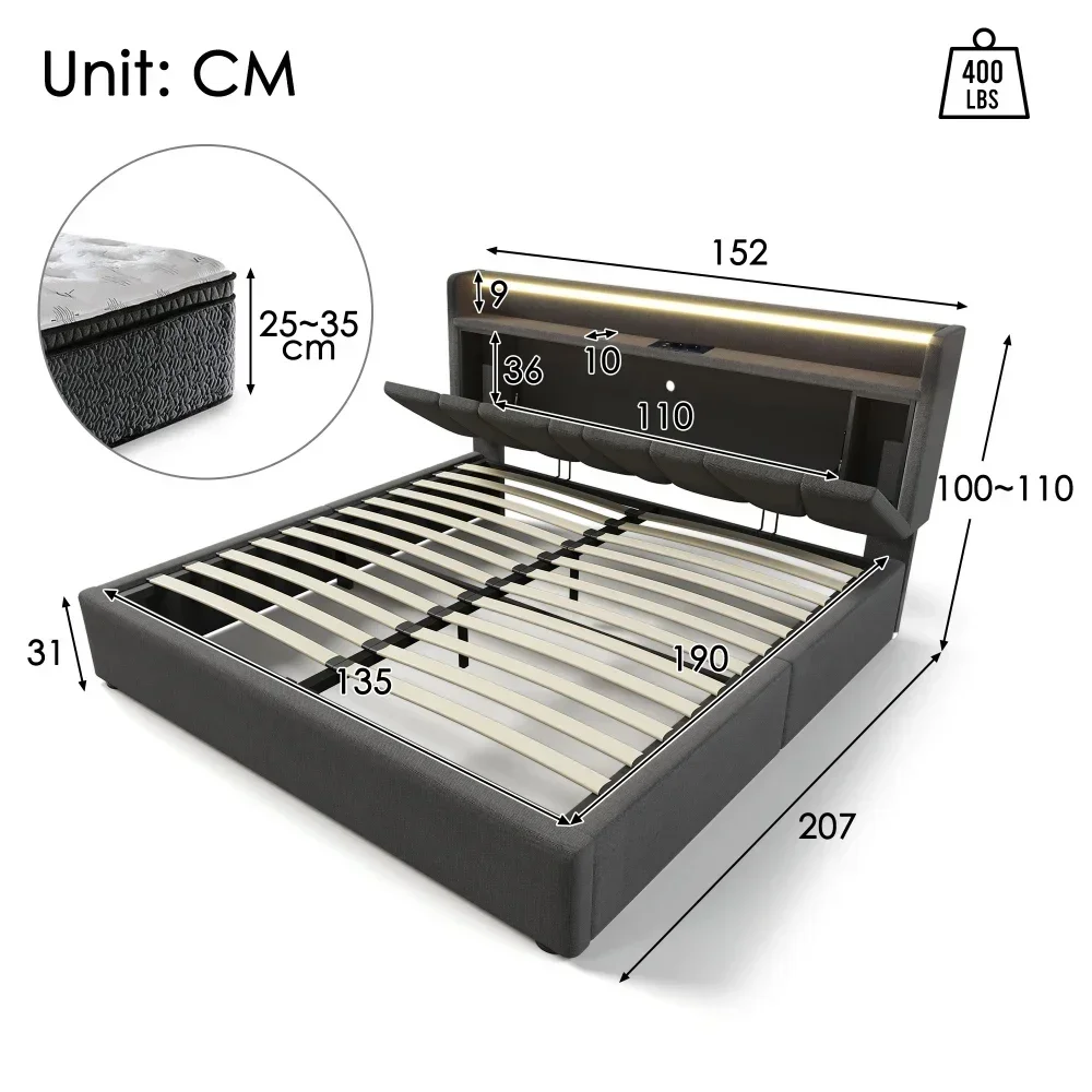 Upholstered Double Bed with USB Charging Storage Headboard LED Lighting Bed Frame Wooden Slatted Grey (No Mattress)PINGGO - Image 5