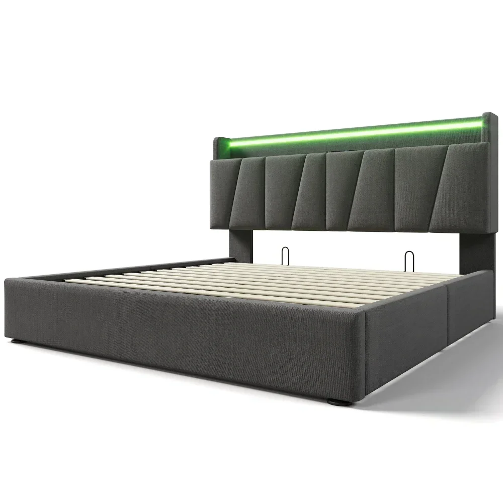 Upholstered Double Bed with USB Charging Storage Headboard LED Lighting Bed Frame Wooden Slatted Grey (No Mattress)PINGGO - Image 3