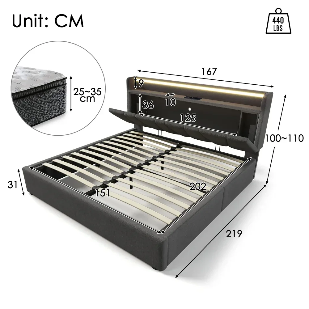 Upholstered Double Bed with USB Charging Storage Headboard LED Lighting Bed Frame Wooden Slatted Grey (No Mattress)PINGGO - Image 6