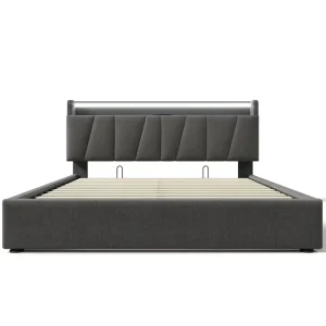 Upholstered Double Bed with USB Charging Storage Headboard LED Lighting Bed Frame Wooden Slatted Grey (No Mattress)PINGGO