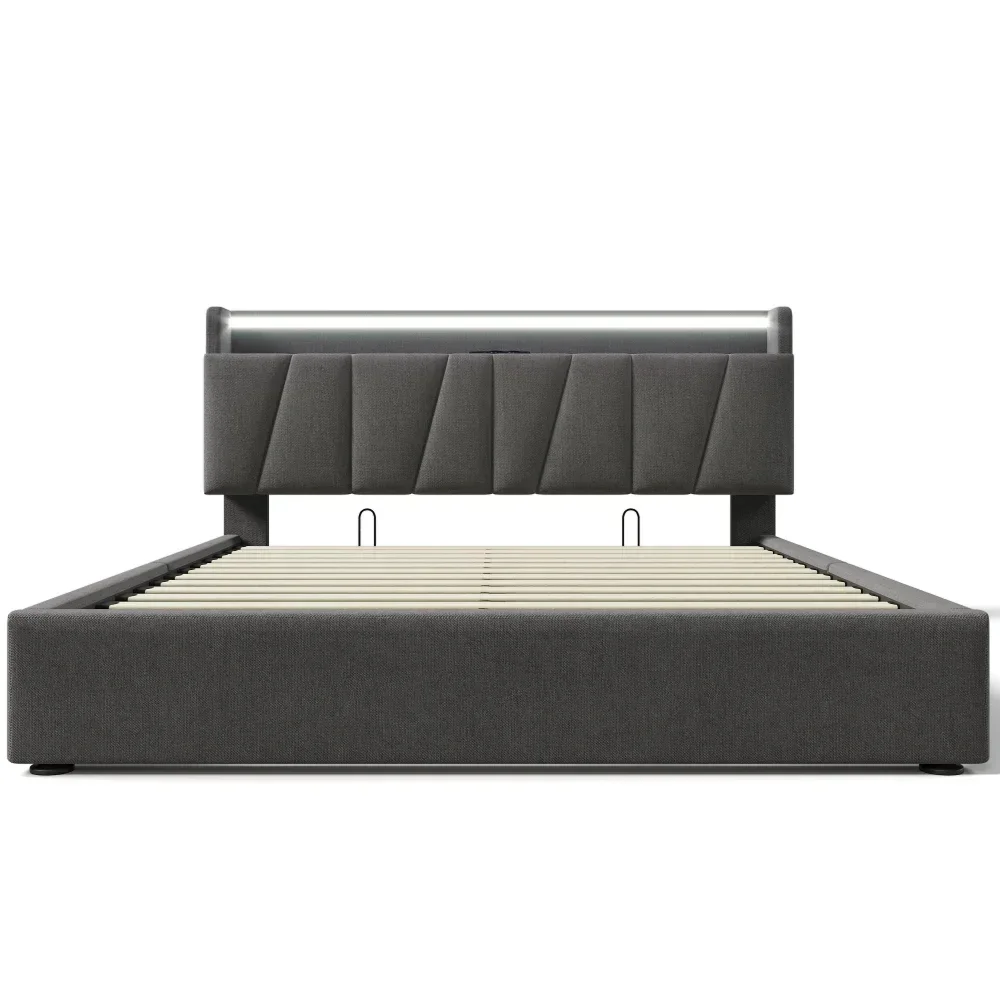 Upholstered Double Bed with USB Charging Storage Headboard LED Lighting Bed Frame Wooden Slatted Grey (No Mattress)PINGGO