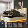 Upholstered King Ottoman Bed with 360 Surround Led Function, 5ft King size Bed Frame with Charging Function,150x200 ,PU, White
