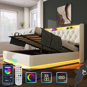 Upholstered King Ottoman Bed with 360 Surround Led Function, 5ft King size Bed Frame with Charging Function,150x200 ,PU, White