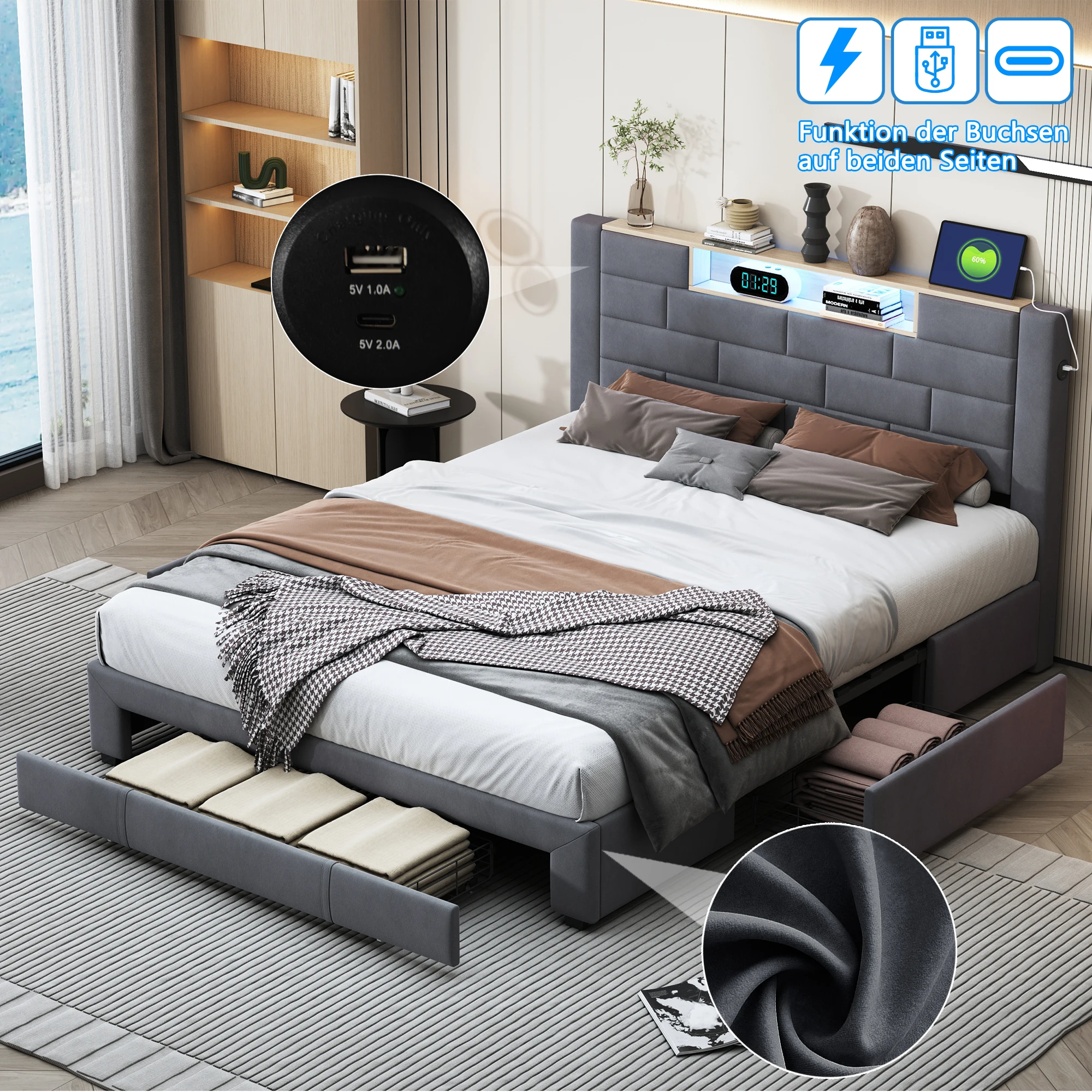 Upholstered bed, King Size Bed-5ft(150x200cm), Double bed, Bed Frame, With 4 drawers and charging port, Storage Headboard, Velvet, Grey (No Mattress) - Image 5