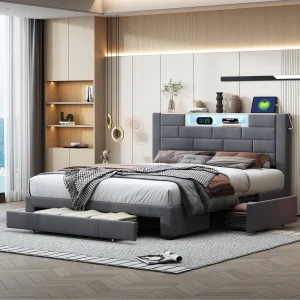 Upholstered bed, King Size Bed-5ft(150x200cm), Double bed, Bed Frame, With 4 drawers and charging port, Storage Headboard, Velvet, Grey (No Mattress)