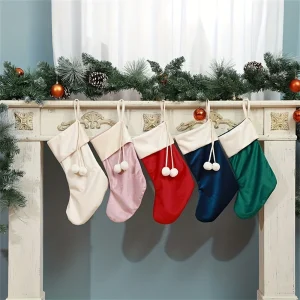 Velvet Christmas Stocking With Pom Pom For Kids Luxury Party Decoration Candy Gift Bag Fireplace Decor