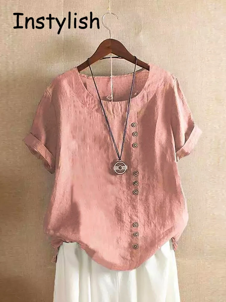 Vintage Harajuku Button T Shirt Casual Summer Short Sleeve Cotton Linen Solid Loose Blouse Elegant Oversize Tee Shirt Streetwear - Image 2