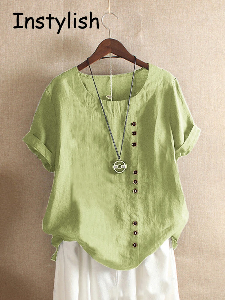 Vintage Harajuku Button T Shirt Casual Summer Short Sleeve Cotton Linen Solid Loose Blouse Elegant Oversize Tee Shirt Streetwear - Image 4