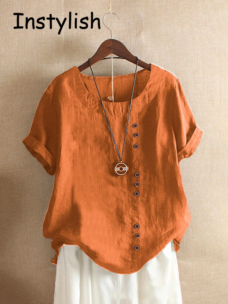 Vintage Harajuku Button T Shirt Casual Summer Short Sleeve Cotton Linen Solid Loose Blouse Elegant Oversize Tee Shirt Streetwear - Image 3