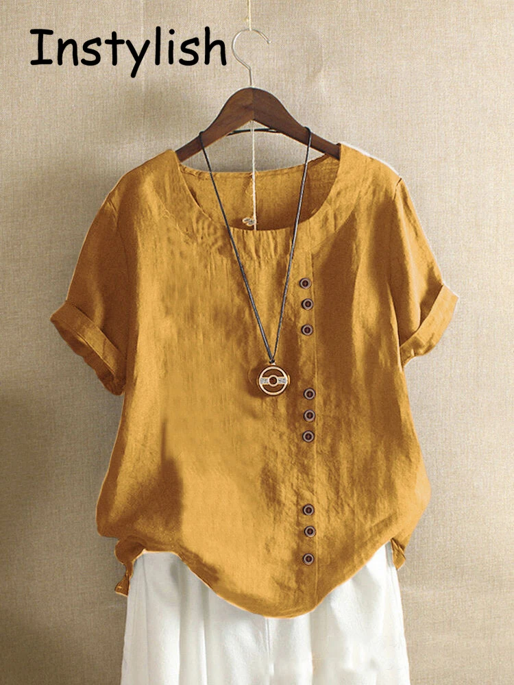 Vintage Harajuku Button T Shirt Casual Summer Short Sleeve Cotton Linen Solid Loose Blouse Elegant Oversize Tee Shirt Streetwear - Image 5