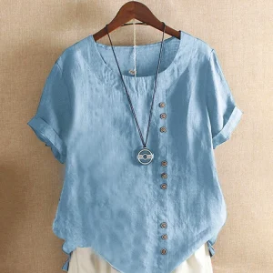 Vintage Harajuku Button T Shirt Casual Summer Short Sleeve Cotton Linen Solid Loose Blouse Elegant Oversize Tee Shirt Streetwear