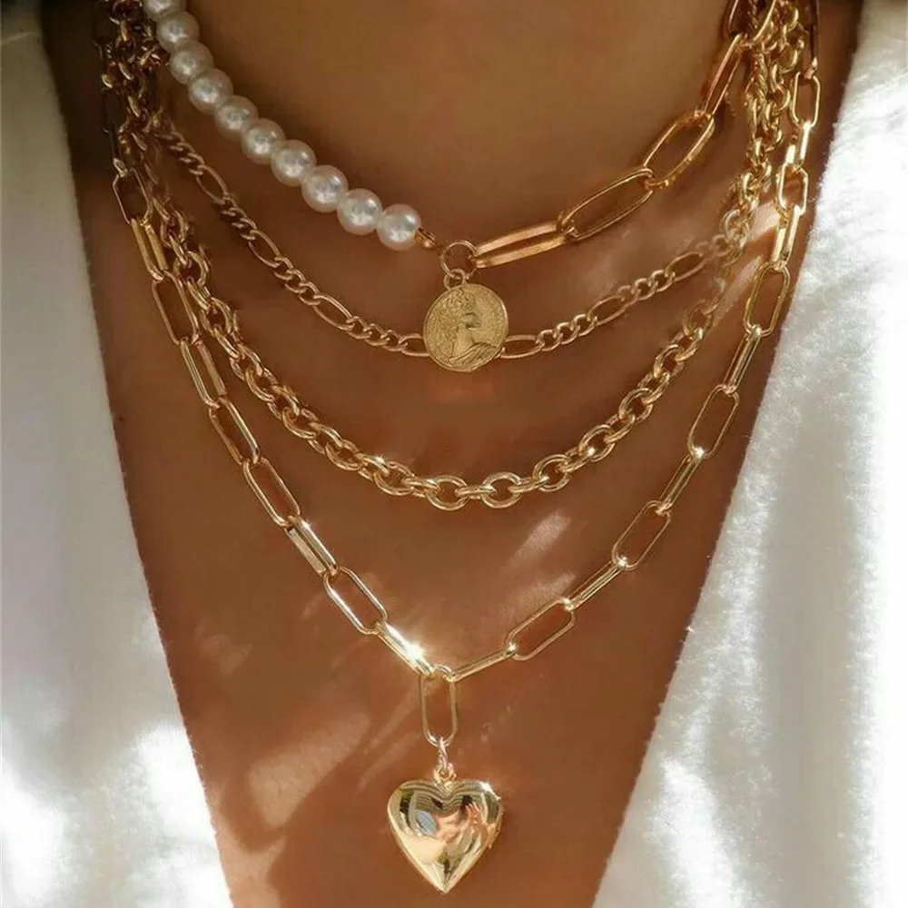 Vintage Punk Gold-plate Thick Chain Head Portrait Coin Pendant Necklace For Women Fashion Multilevel Geometric Hip Hop Jewelry - Image 2