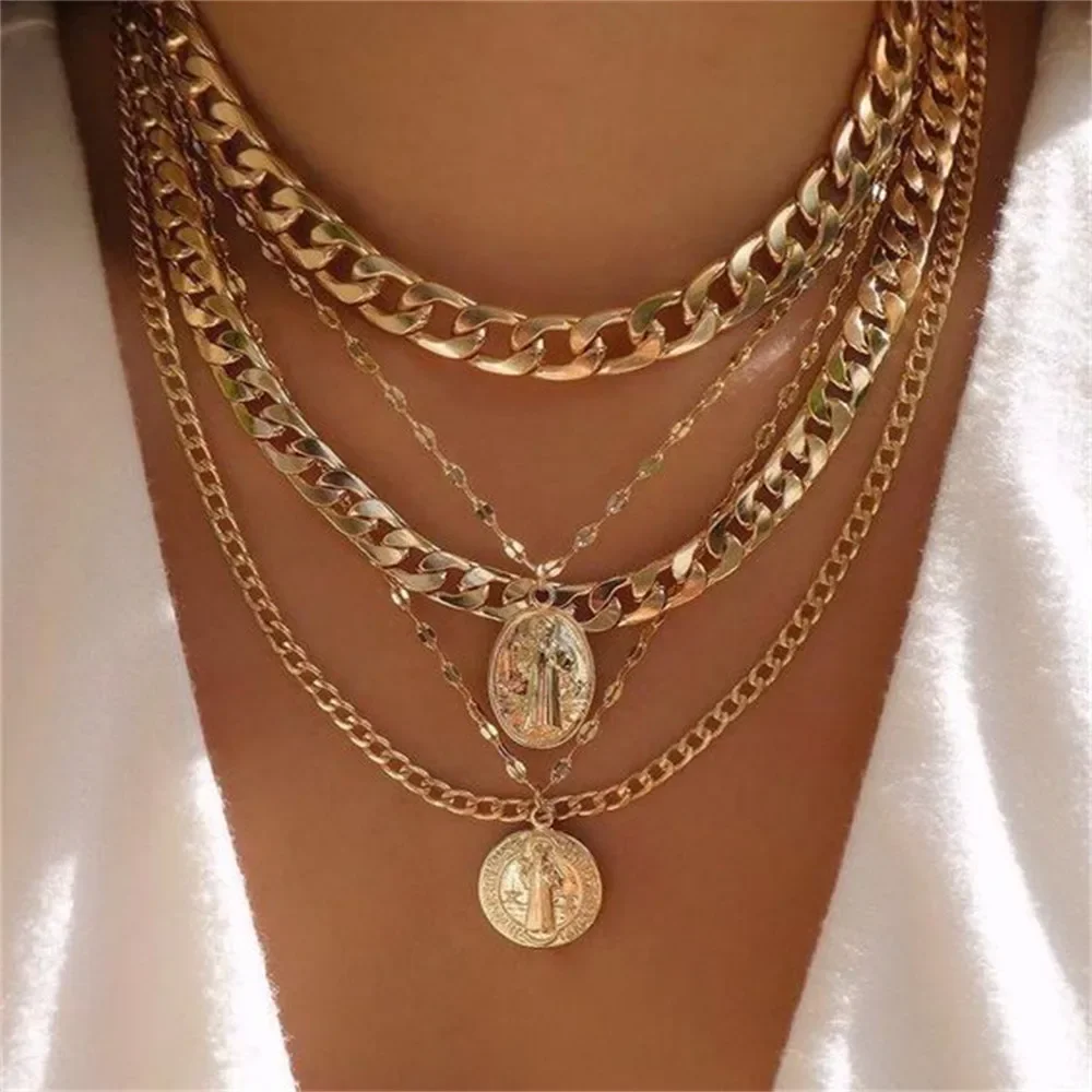 Vintage Punk Gold-plate Thick Chain Head Portrait Coin Pendant Necklace For Women Fashion Multilevel Geometric Hip Hop Jewelry - Image 5