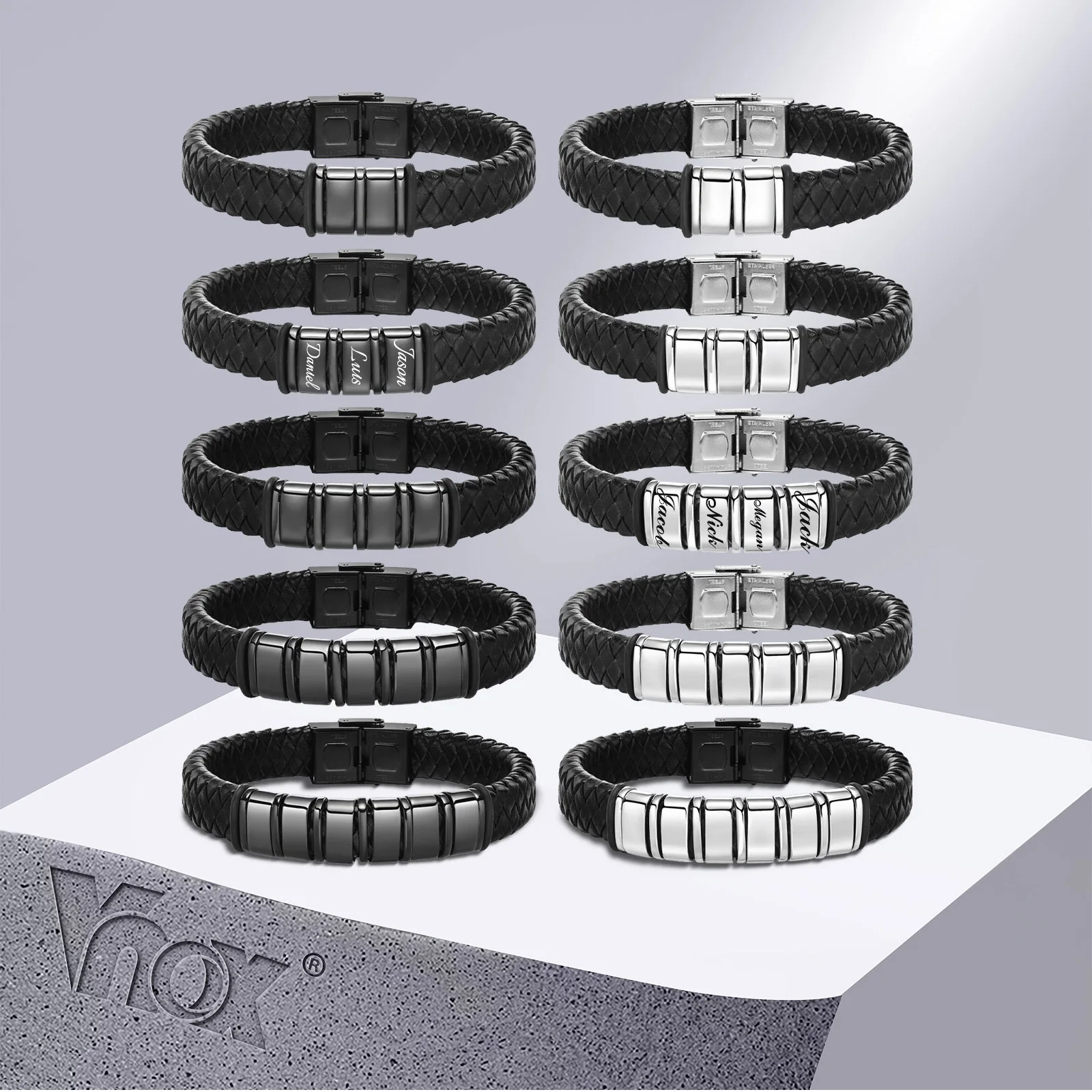 Vnox Free Custom Leather Bracelets for Men,Personalized 2-6 Names Braid Rope Chain Wristband Family Gifts for Dad Father - Image 2