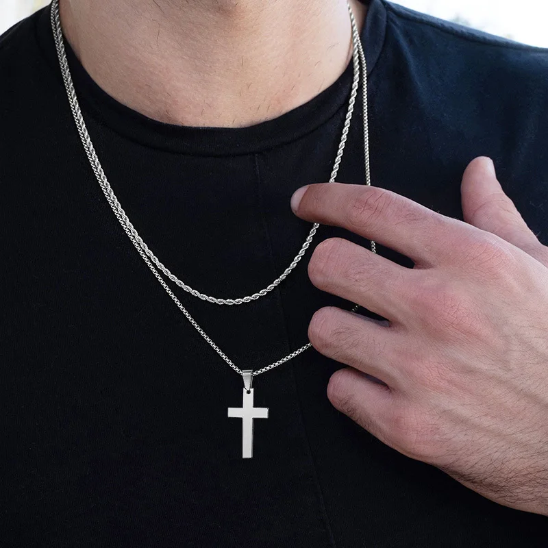 Waterproof Cross Necklaces for Men Male Gifts Jewelry, Anti Allergy Stainless Steel Plain Cross Pendant with Rope Chain - Image 2
