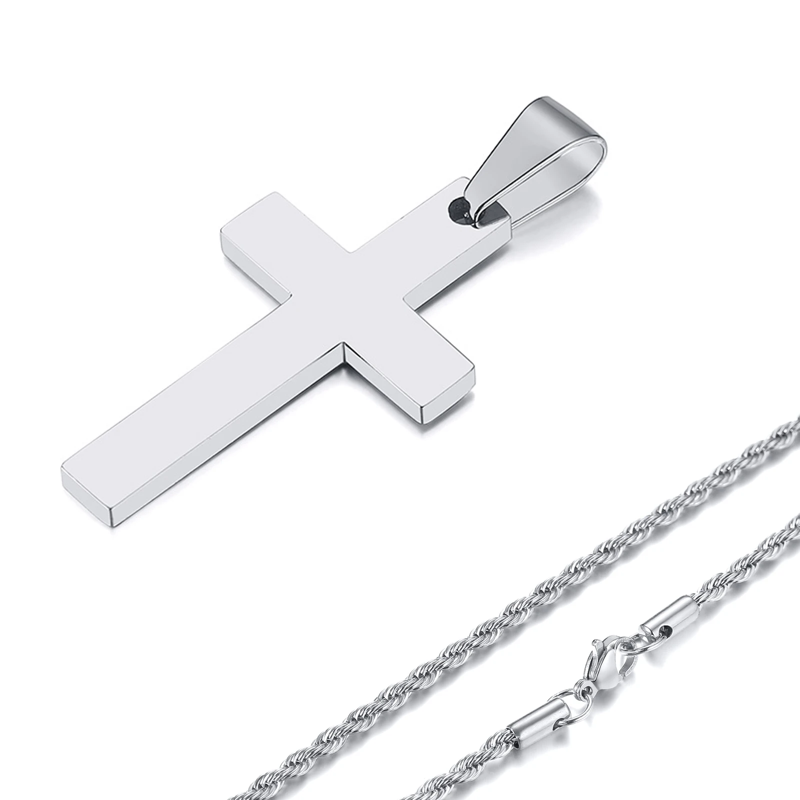 Waterproof Cross Necklaces for Men Male Gifts Jewelry, Anti Allergy Stainless Steel Plain Cross Pendant with Rope Chain - Image 3