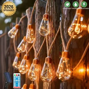 Waterproof Outdoor Solar Light Fence, Remote Control Hemp Rope 7M 16 Bulb Garden Garland for Yard Porch Decor Fairy String Light