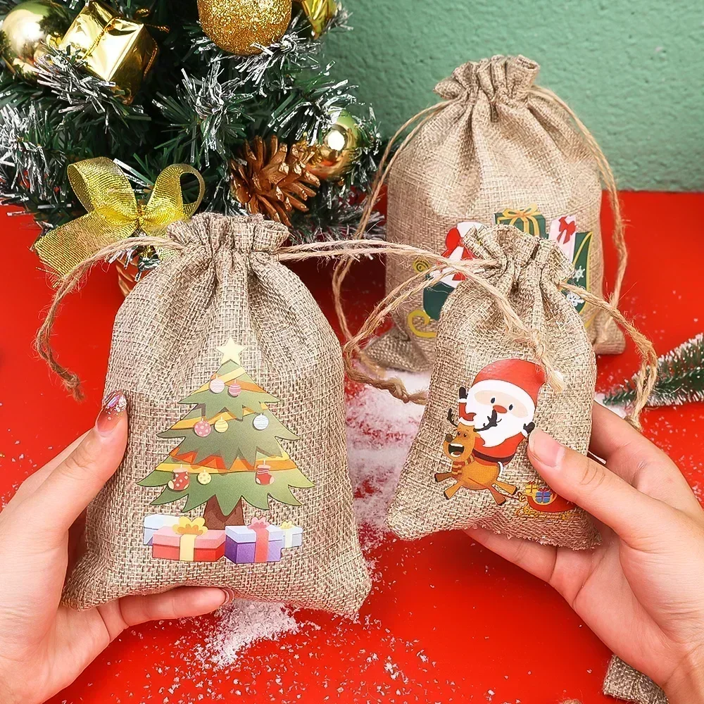 Wholesale Christmas Linen Bags Cartoon Santa Claus Snowman Candy Gifts Drawstring Bag for Xmas Party Packaging Storage Pouches - Image 2