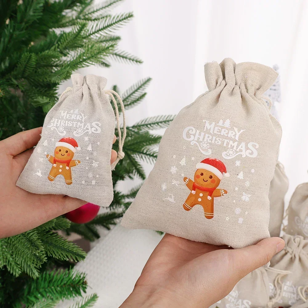 Wholesale Christmas Linen Bags Cartoon Santa Claus Snowman Candy Gifts Drawstring Bag for Xmas Party Packaging Storage Pouches - Image 4