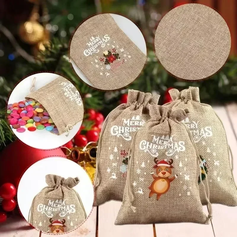 Wholesale Christmas Linen Bags Cartoon Santa Claus Snowman Candy Gifts Drawstring Bag for Xmas Party Packaging Storage Pouches - Image 3