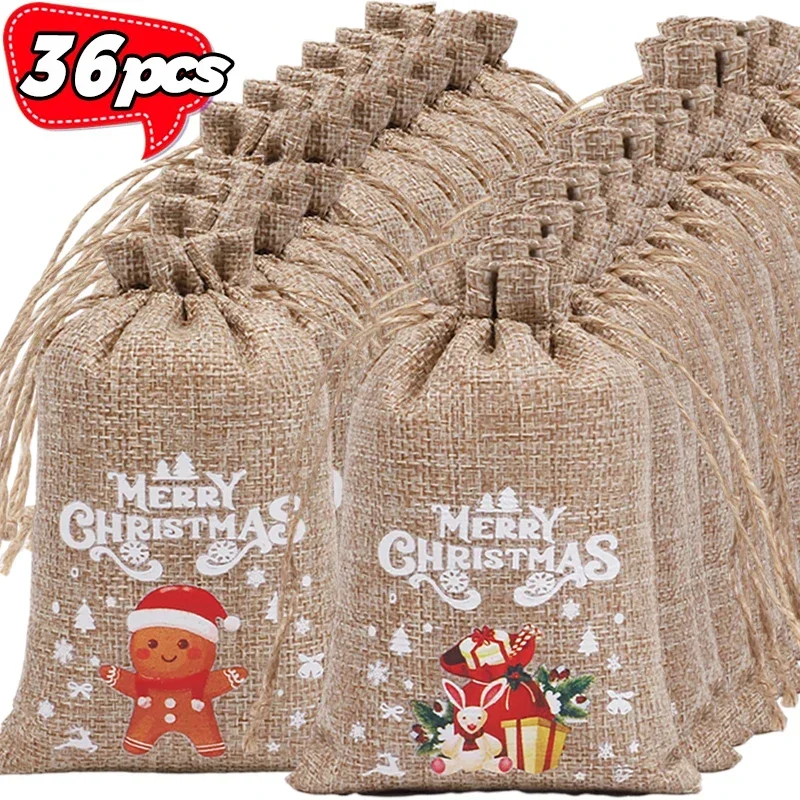 Wholesale Christmas Linen Bags Cartoon Santa Claus Snowman Candy Gifts Drawstring Bag for Xmas Party Packaging Storage Pouches - Image 6