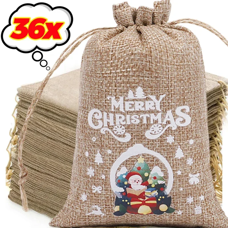 Wholesale Christmas Linen Bags Cartoon Santa Claus Snowman Candy Gifts Drawstring Bag for Xmas Party Packaging Storage Pouches