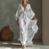 Women Feather Print Maxi Dress Deep V Neck Batwing Sleeve Twist Front Hem Dress Bohemian Casual Summer Holiday Resort Long Dress