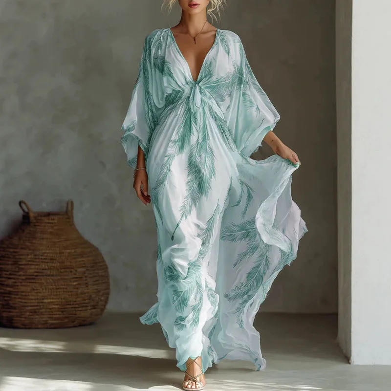 Women Feather Print Maxi Dress Deep V Neck Batwing Sleeve Twist Front Hem Dress Bohemian Casual Summer Holiday Resort Long Dress - Image 5