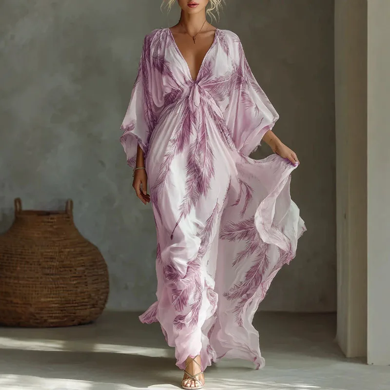 Women Feather Print Maxi Dress Deep V Neck Batwing Sleeve Twist Front Hem Dress Bohemian Casual Summer Holiday Resort Long Dress - Image 3