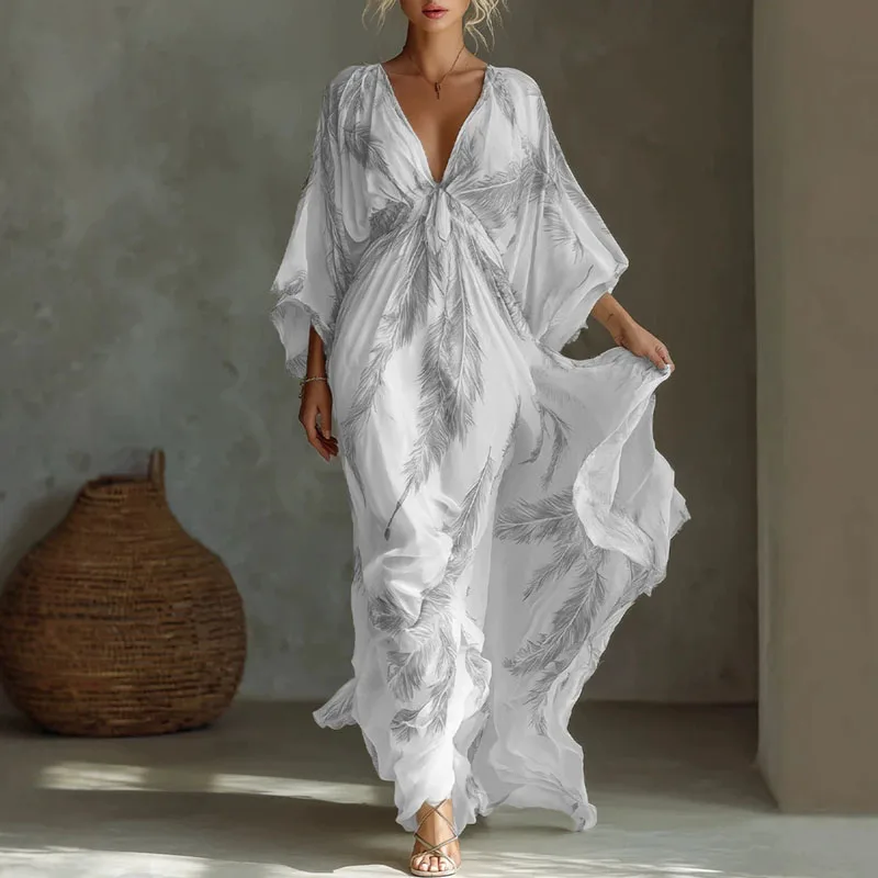 Women Feather Print Maxi Dress Deep V Neck Batwing Sleeve Twist Front Hem Dress Bohemian Casual Summer Holiday Resort Long Dress